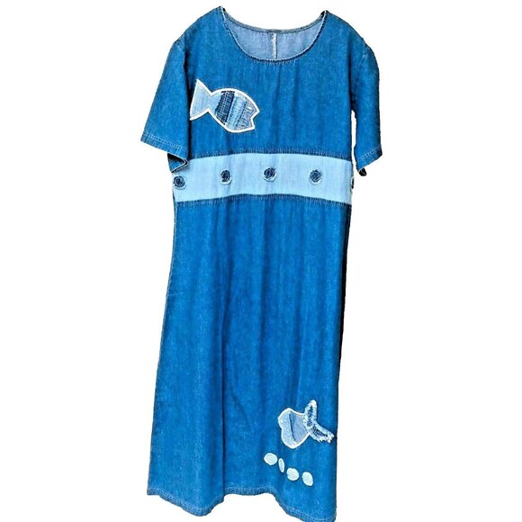 Whimsical Fish Denim Day Dress Women M Maxi Embroider Applique Casual Errand Y2K - Picture 1 of 7